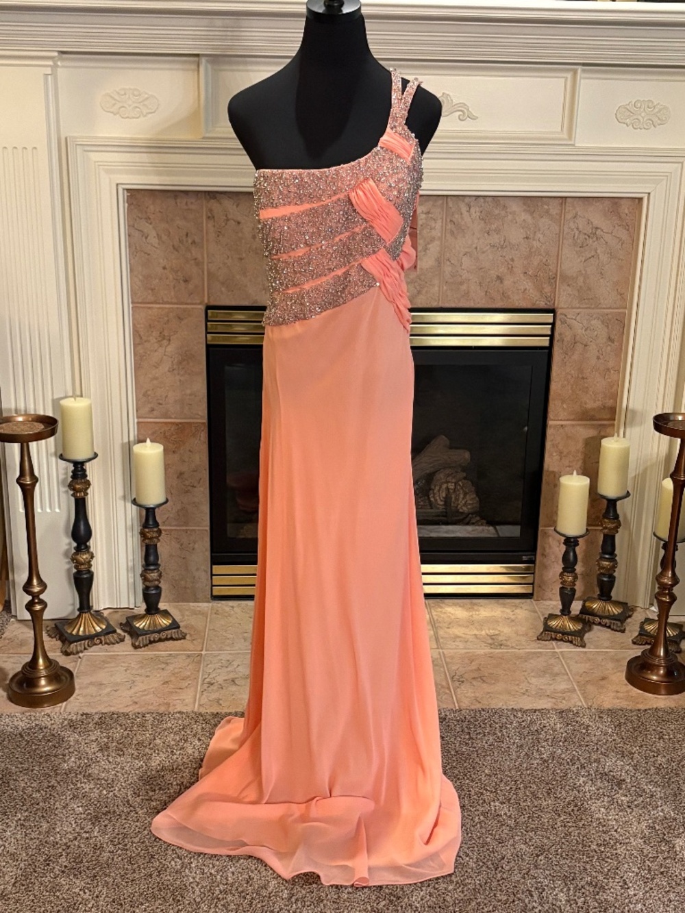 FAVIANA One Shoulder Peach Sequined Gown Size 14